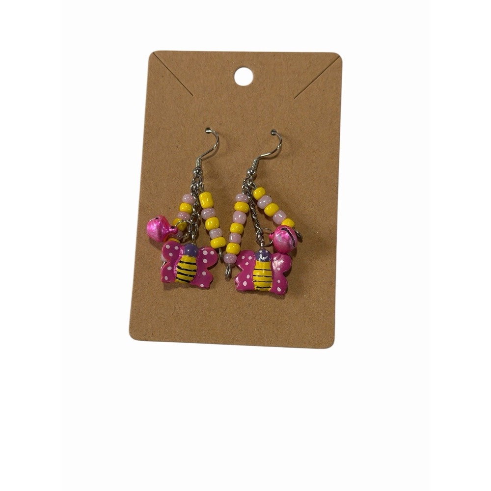 NEW Novelty Fashion EARRINGS beaded dangle hook butterfly yellow pink